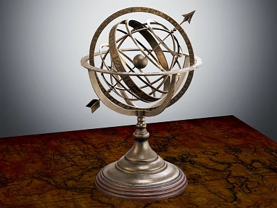 Silver Metal Decorative Ornament Set With Armillary Sphere Design And Wooden Base On Map Tabletop 3d model