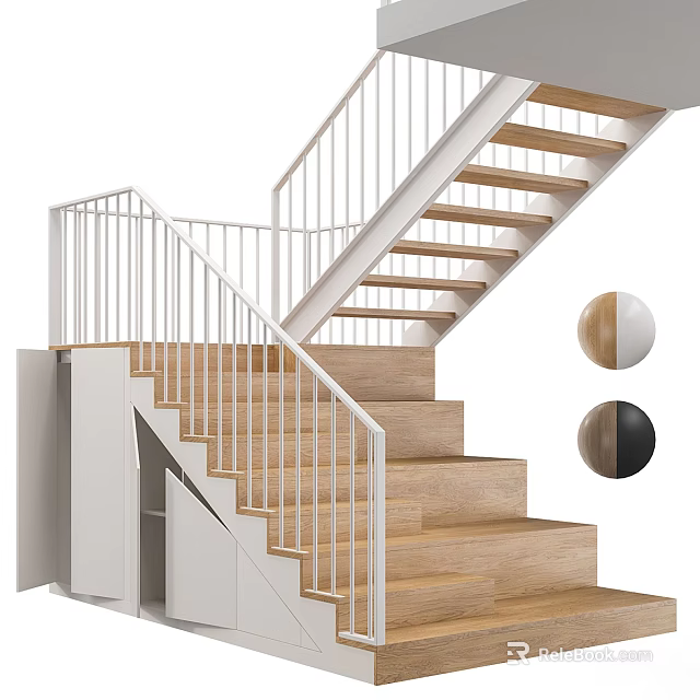 Modern Staircase Design With Wooden Steps White Metal Railings And Color Samples 3d model 