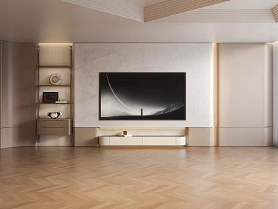 Modern Minimalist Living Room Interior With Marble TV Wall And Herringbone Wood Floor 3d model