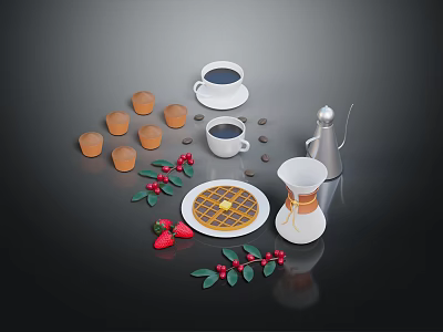 Delicious Fresh Waffle With Strawberries Aromatic Coffee Beans Cups Pot And Berries 3d model
