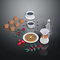 Delicious Fresh Waffle With Strawberries Aromatic Coffee Beans Cups Pot And Berries