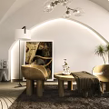 Modern Living Room with Arched Ceiling Chandelier Sofa Coffee Table and Floor to Ceiling Window