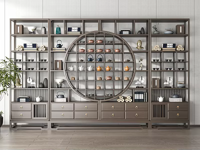 Chinese Style Display Cabinet With Circular Openwork Shelves Holding Tea Sets Books And Decorative Items 3d model