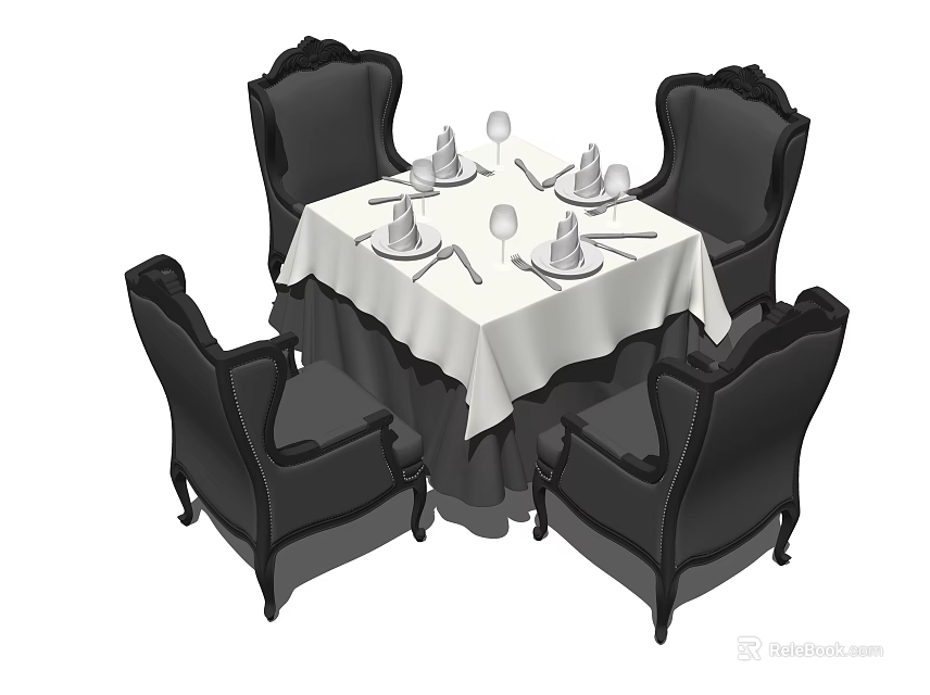 Elegant Dining Table Set With Four Black Chairs White Tablecloth Tableware And Wine Glasses 3d model