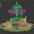 Cartoon Scene Featuring Green Dome Golden Decorations Stone Columns Stone Base Wooden Bucket and Ladder