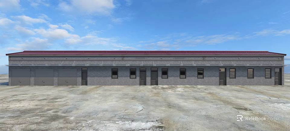 Single Story Building Exterior With Gray Brick Walls Red Roof Multiple Windows And Doors 3d model 