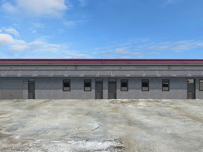 Single Story Building Exterior With Gray Brick Walls Red Roof Multiple Windows And Doors 3d model