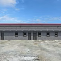 Single Story Building Exterior With Gray Brick Walls Red Roof Multiple Windows And Doors