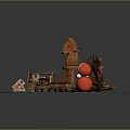 Children's Toy Scene With Wooden Carousel Teddy Bear Doll And Train On Blue Snowflake Carpet