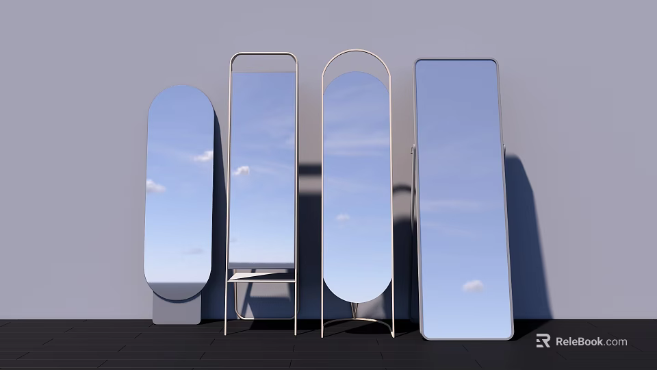 Modern Decorative Mirrors in Various Shapes Reflecting Sky and Clouds for Interior Design 3d model 