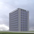 Modern Tall Office Building With Large Glass Windows Gray Exterior Green Lawn And Sky Background