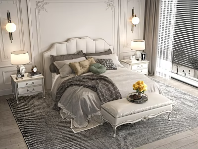 Elegant Double Bed With Tufted Headboard Decorative White Walls Bedside Tables Lamps And Bench 3d model