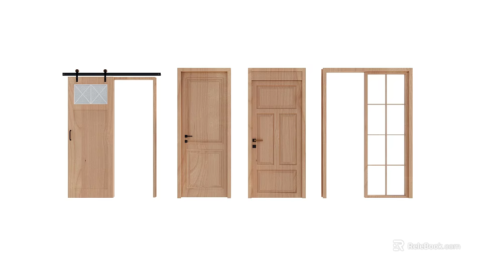 Wooden Hinged Doors Featuring Various Panel Designs And Glass Inserts For Home 3d model 