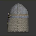 Medieval Historical Metal Helmet Featuring Golden Decorative Element And Chainmail Visor