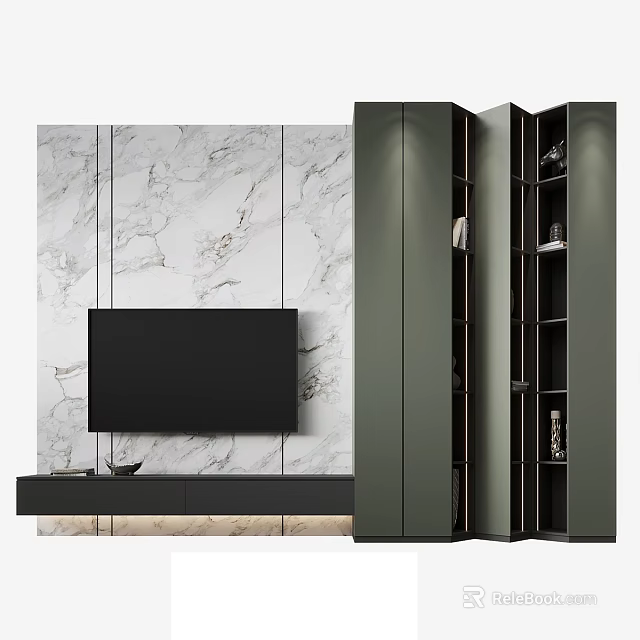 Modern TV Stand with Wall Mounted TV Marble Wall and Storage Shelves 3d model 