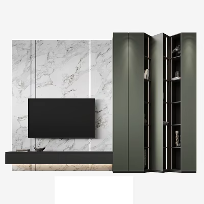 Modern TV Stand with Wall Mounted TV Marble Wall and Storage Shelves 3d model