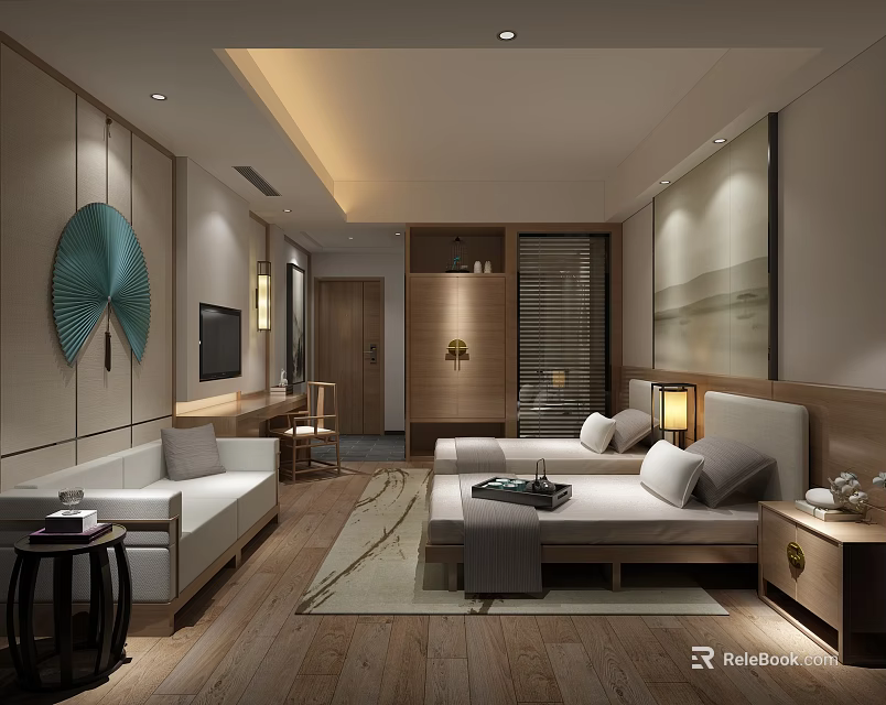 Modern Chinese Hotel Guest Room With Wooden Furniture Sofa Bed And Decorative Painting 3d model 