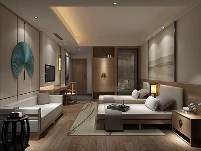 Modern Chinese Hotel Guest Room With Wooden Furniture Sofa Bed And Decorative Painting 3d model