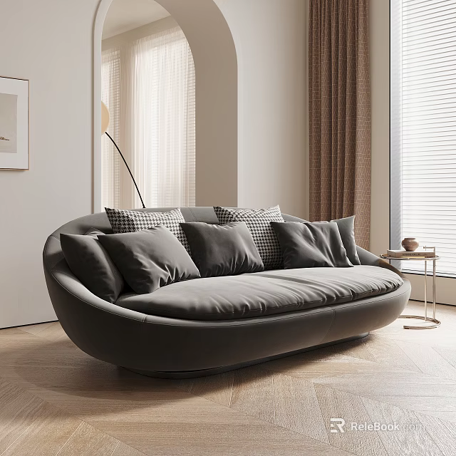 Modern Gray Upholstered Multi seat Sofa With Multiple Cushions Side Table And Window Curtains 3d model 