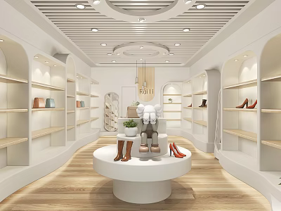 Modern Boutique With White Curved Shelves Round Display Table Shoes Decorations Wooden Flooring Bright Lights 3d model