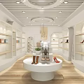 Modern Boutique With White Curved Shelves Round Display Table Shoes Decorations Wooden Flooring Bright Lights