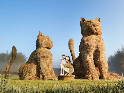 Large Straw Cat Sculptures Art Installation With People On Grassland Under Blue Sky 3d model
