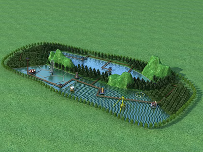 Scenic Park Landscape Featuring Lake Green Grass Trees Hills and Boats 3d model