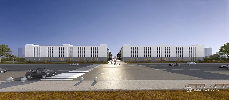 Modern Industrial Factory Exterior With Large Glass Windows Roadway And Vehicles 3d model 