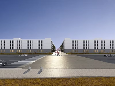 Modern Industrial Factory Exterior With Large Glass Windows Roadway And Vehicles 3d model