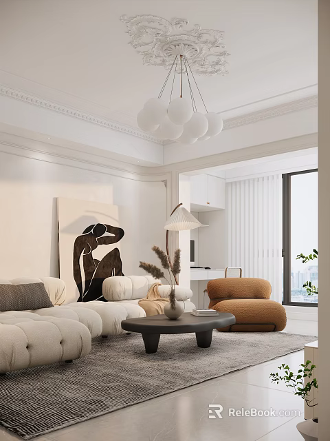 Bright Warm Modern Living Room With Plush Sofa Wall Art And Stylish Lounge Chair 3d model 