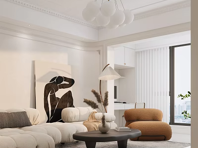 Bright Warm Modern Living Room With Plush Sofa Wall Art And Stylish Lounge Chair 3d model