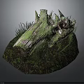 Natural Wooden Log Covered With Green Moss And Surrounded By Fresh Grass On Dirt Base