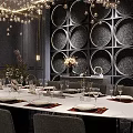 Luxurious Private Dining Room Interior With Round Table Gray Chairs Chandelier And Decorative Wall