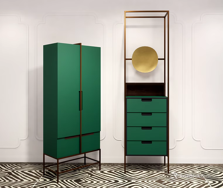 Modern Green Chest of Drawers with Metal Frame and Round Mirror in White Wall Room 3d model 