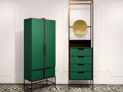 Modern Green Chest of Drawers with Metal Frame and Round Mirror in White Wall Room 3d model