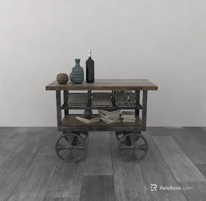 Vintage Style Rolling Storage Shelf With Wooden Top Metal Frame And Decorative Items 3d model 
