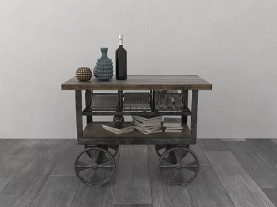 Vintage Style Rolling Storage Shelf With Wooden Top Metal Frame And Decorative Items 3d model