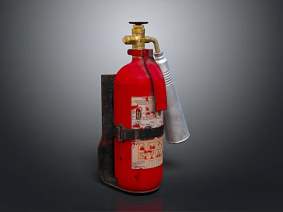 Red Fire Extinguisher With Gold Valve Silver Nozzle And Black Bracket 3d model
