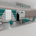 Modern LOLO Store With Glass Walls Display Shelves Counter Green Seats And White Green Tones