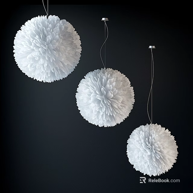 Modern Decorative Three White Fluffy Spherical Pendant Lights Hanging on Dark Background 3d model 