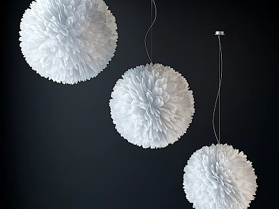 Modern Decorative Three White Fluffy Spherical Pendant Lights Hanging on Dark Background 3d model