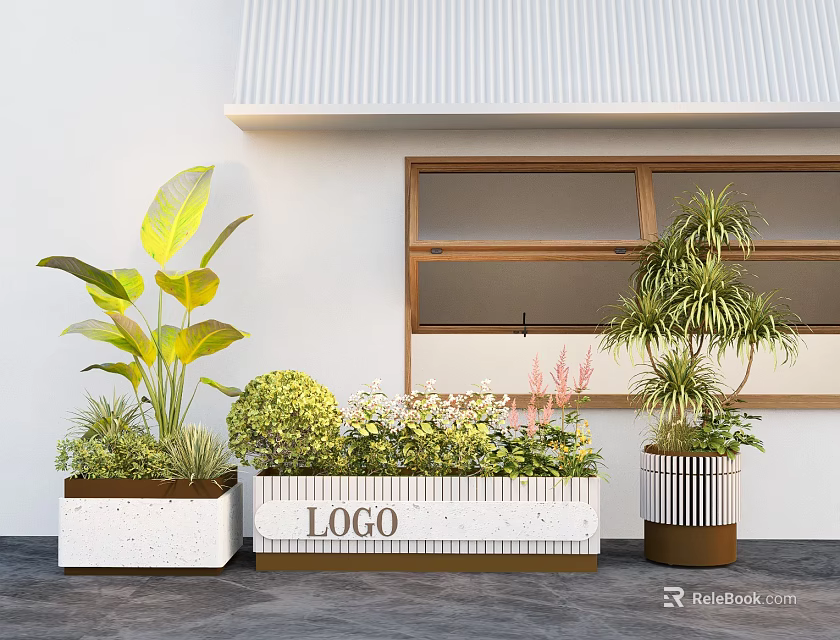 Indoor Landscape Design With Various Green Plants And Decorative Planters By Wooden Window 3d model 