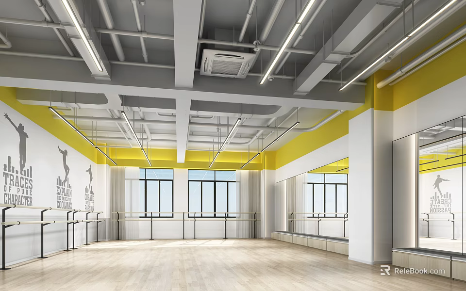 Modern Fitness Dance Studio With Wooden Floor Mirrored Walls And Yellow Accent Barres 3d model 
