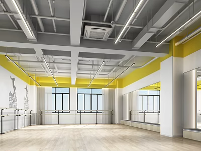 Modern Fitness Dance Studio With Wooden Floor Mirrored Walls And Yellow Accent Barres 3d model