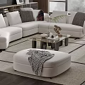 Modern Living Room White L-shaped Sofa Coffee Table Set with Soft Cushions Ottoman and Rug