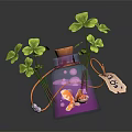Decorative Glass Bottle With Orange Cap Pink Liquid Green Clover Leaves Lemon Tag White Beads