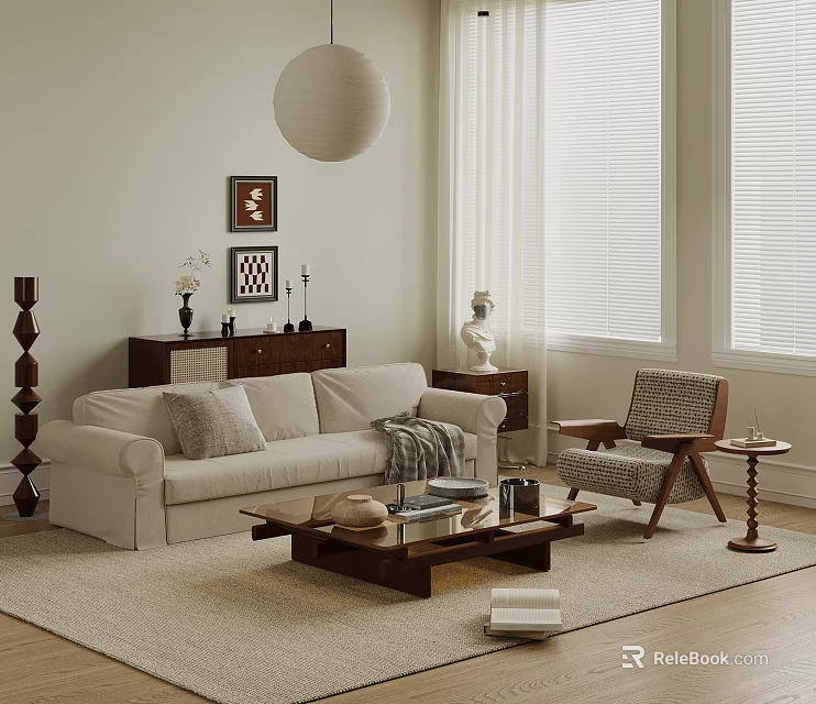 Neutral Toned Living Room Interior With Beige Sofa Wooden Coffee Table And Accent Chair 3d model 
