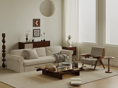 Neutral Toned Living Room Interior With Beige Sofa Wooden Coffee Table And Accent Chair 3d model