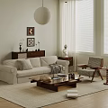 Neutral Toned Living Room Interior With Beige Sofa Wooden Coffee Table And Accent Chair