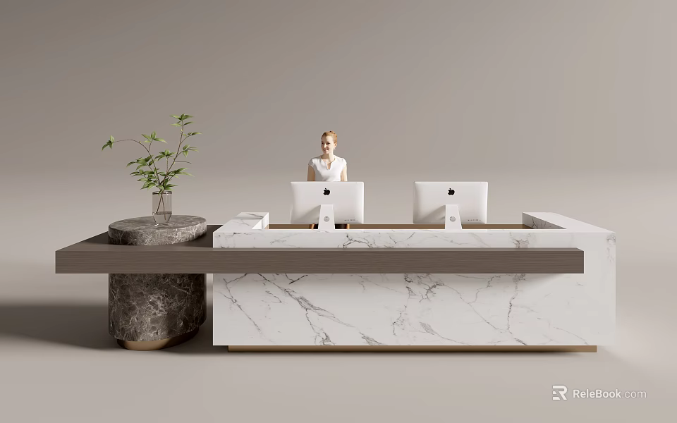 Front Desk Reception Area With Marble Counter And Receptionist Working On Computers 3d model 